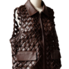 A handcrafted dark coffee braided leather collar vest women showing the black leather vest texture.