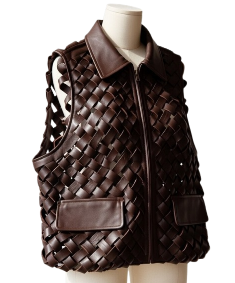 A handcrafted dark coffee braided leather collar vest women showing the black leather vest texture.