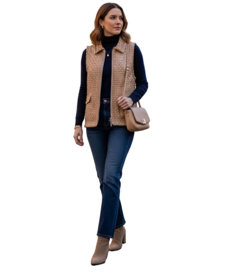 A high-end leather vest women featuring a detailed women's leather vest woven texture in cameo with a structured collar.