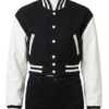 A luxury black and white design featuring the women's varsity bomber jacket style.