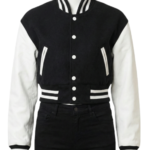 A luxury black and white design featuring the women's varsity bomber jacket style.