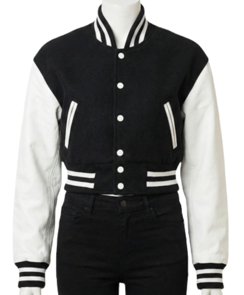A luxury black and white design featuring the women's varsity bomber jacket style.