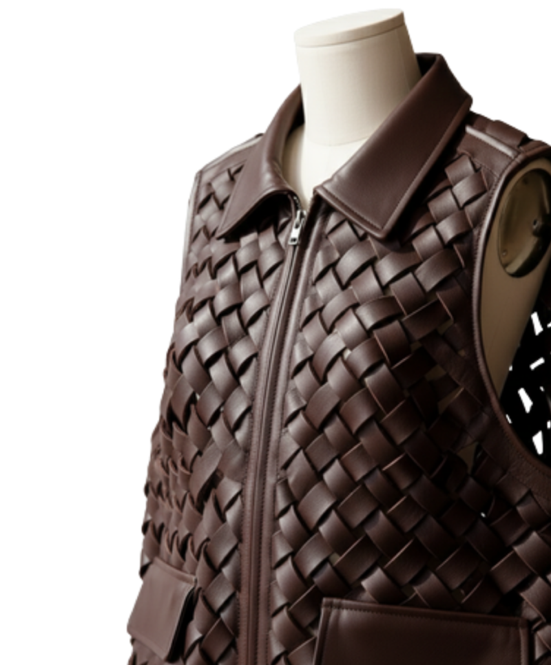 A handcrafted dark coffee braided leather collar vest women showing the black leather vest texture.