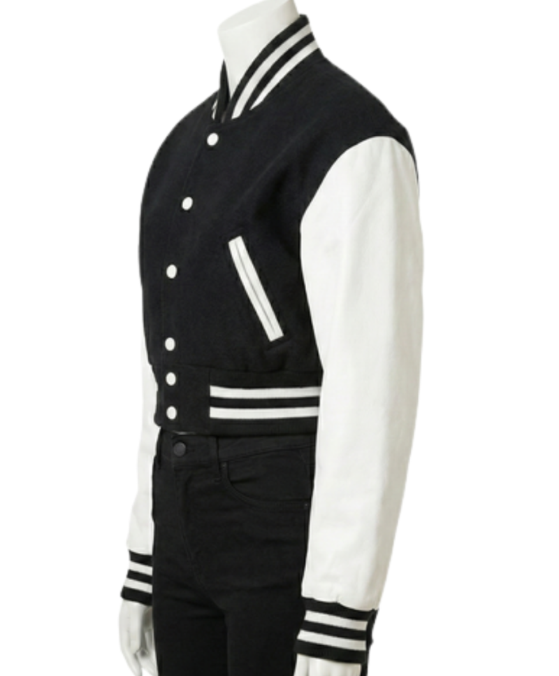 A luxury black and white design featuring the women's varsity bomber jacket style.