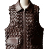 A handcrafted dark coffee braided leather collar vest women showing the black leather vest texture.