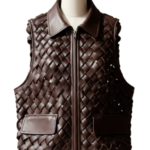 A handcrafted dark coffee braided leather collar vest women showing the black leather vest texture.