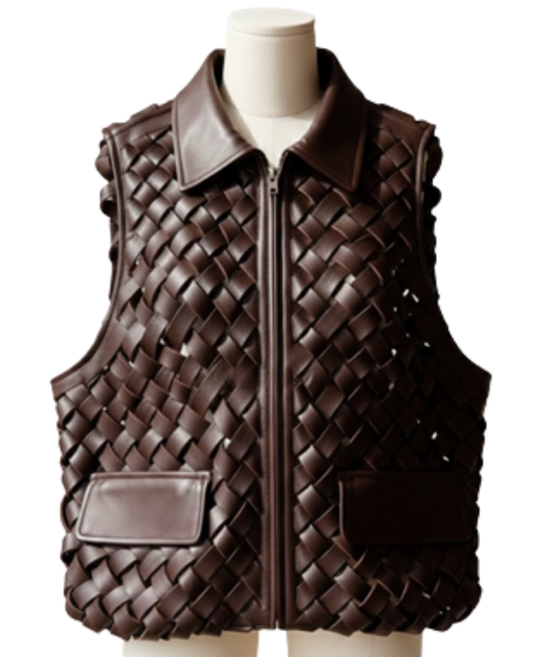 A handcrafted dark coffee braided leather collar vest women showing the black leather vest texture.