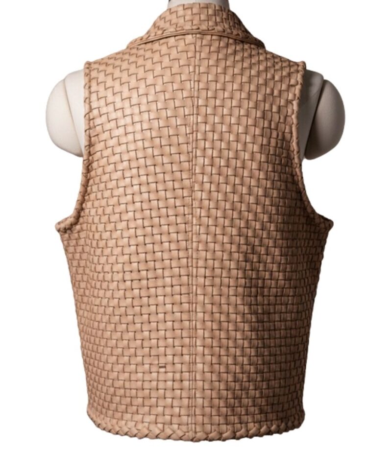 A high-end leather vest women featuring a detailed women's leather vest woven texture in cameo with a structured collar.