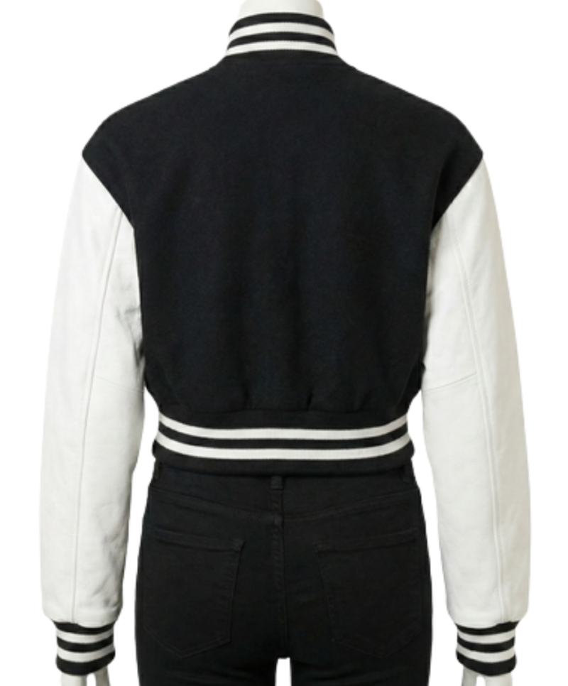 A luxury black and white design featuring the women's varsity bomber jacket style.