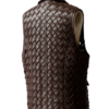 A handcrafted dark coffee braided leather collar vest women showing the black leather vest texture.