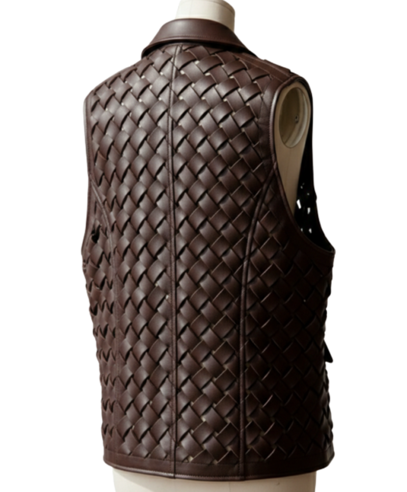 A handcrafted dark coffee braided leather collar vest women showing the black leather vest texture.