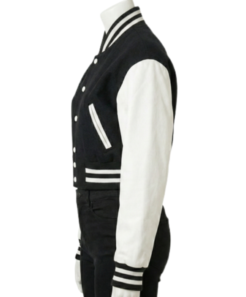 A luxury black and white design featuring the women's varsity bomber jacket style.