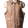 A high-end leather vest women featuring a detailed women's leather vest woven texture in cameo with a structured collar.