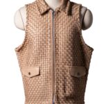 A high-end leather vest women featuring a detailed women's leather vest woven texture in cameo with a structured collar.