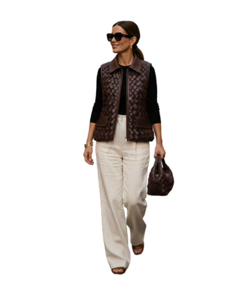 A handcrafted dark coffee braided leather collar vest women showing the black leather vest texture.