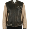 A luxury latte and black olive leather design featuring the varsity jackets for women style.