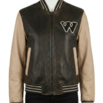 A luxury latte and black olive leather design featuring the varsity jackets for women style.