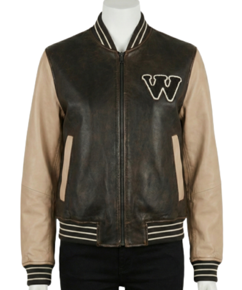A luxury latte and black olive leather design featuring the varsity jackets for women style.
