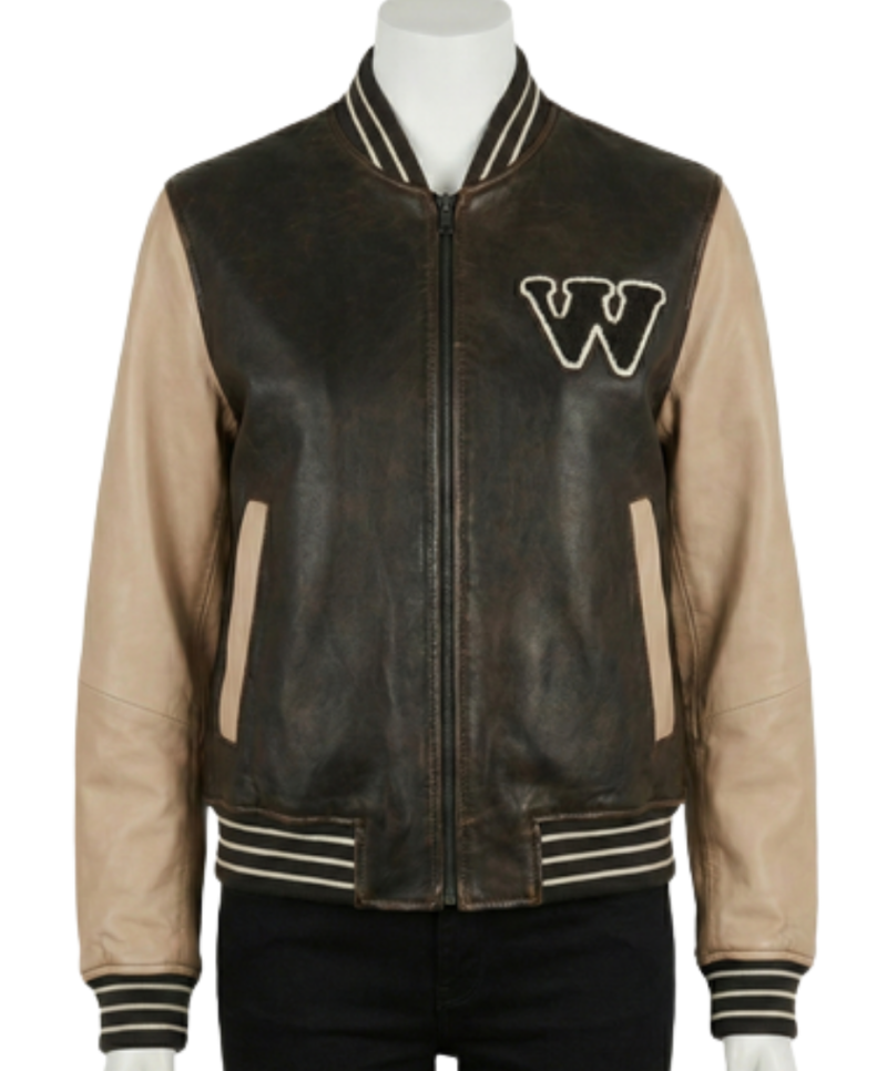 A luxury latte and black olive leather design featuring the varsity jackets for women style.