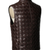 A handcrafted dark chocolate braided leather waistcoat men showing the mens leather vest jacket texture.