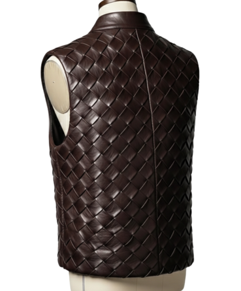 A handcrafted dark chocolate braided leather waistcoat men showing the mens leather vest jacket texture.