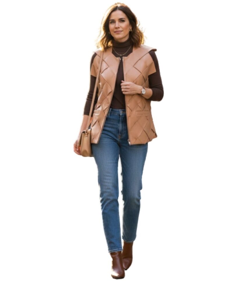 A high-end leather vest women featuring a detailed women's leather vest woven texture.