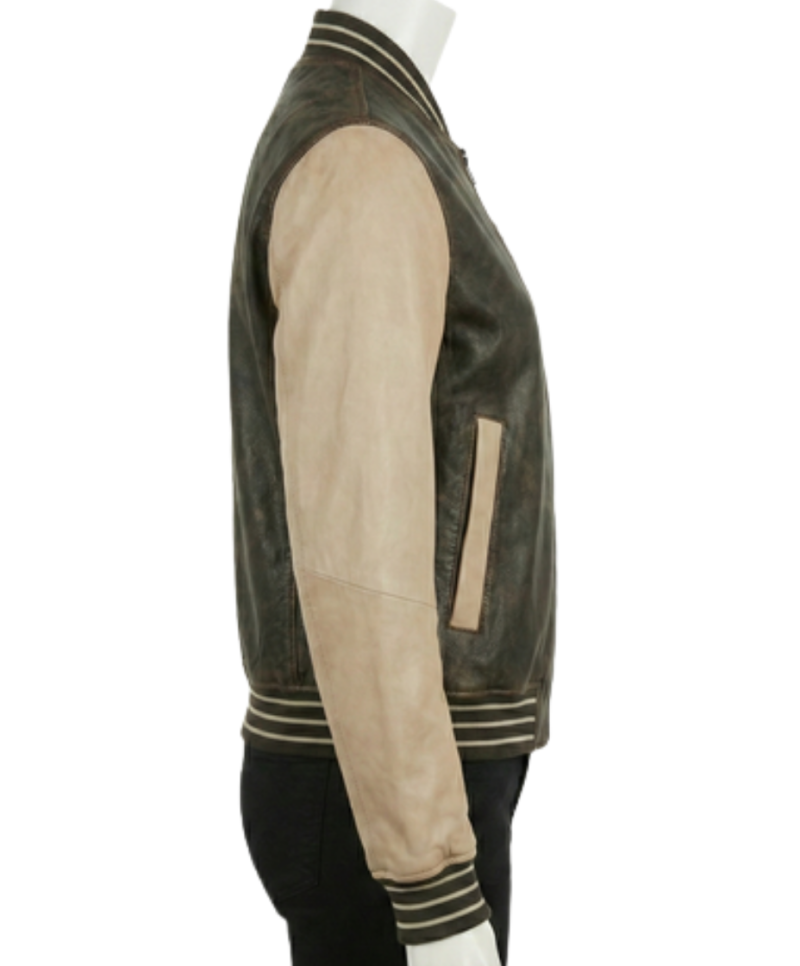 A luxury latte and black olive leather design featuring the varsity jackets for women style.