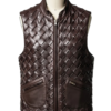 A handcrafted dark chocolate braided leather waistcoat men showing the mens leather vest jacket texture.