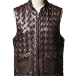 A handcrafted dark chocolate braided leather waistcoat men showing the mens leather vest jacket texture.