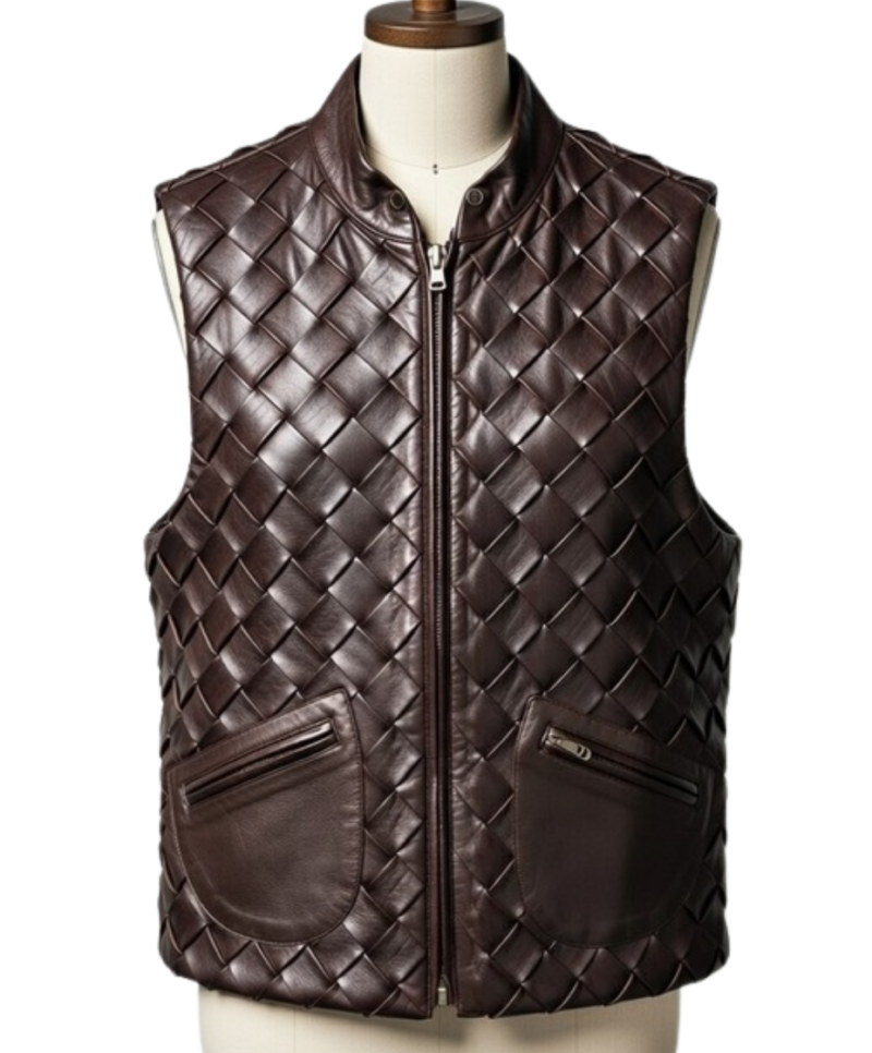 A handcrafted dark chocolate braided leather waistcoat men showing the mens leather vest jacket texture.