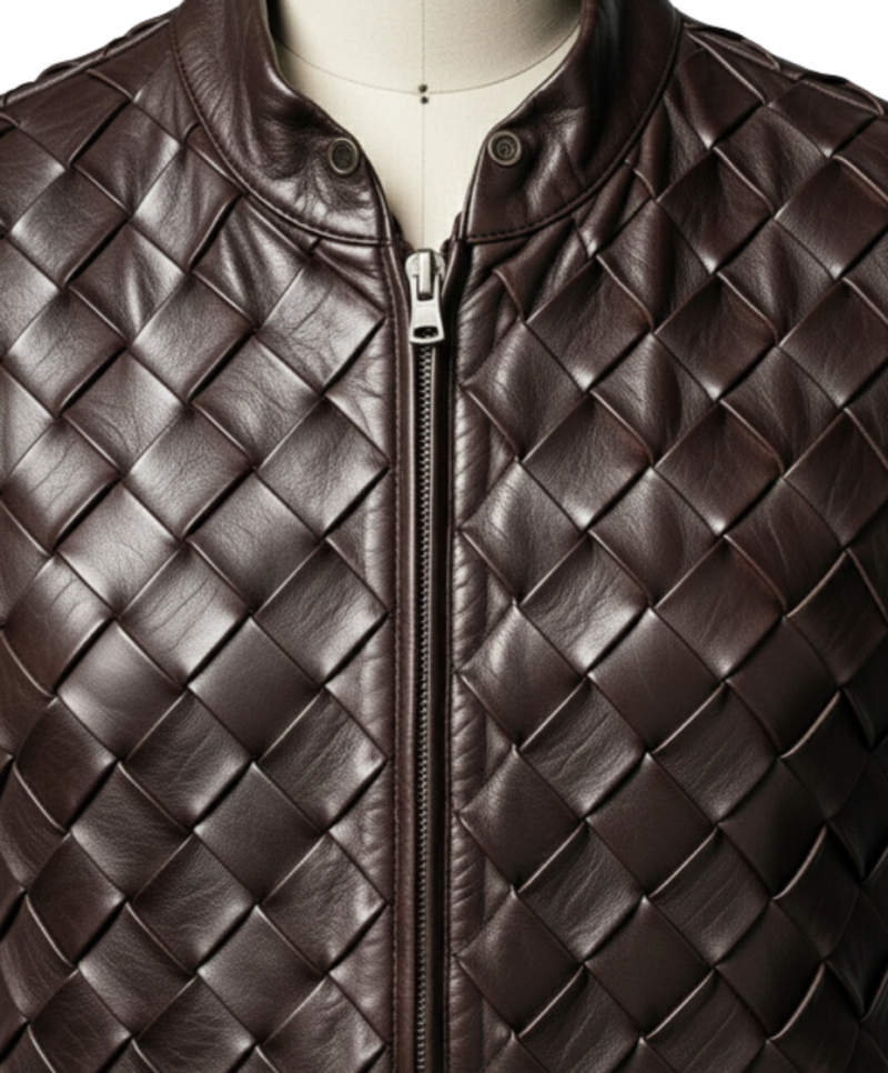 A handcrafted dark chocolate braided leather waistcoat men showing the mens leather vest jacket texture.