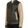 A luxury latte and black olive leather design featuring the varsity jackets for women style.