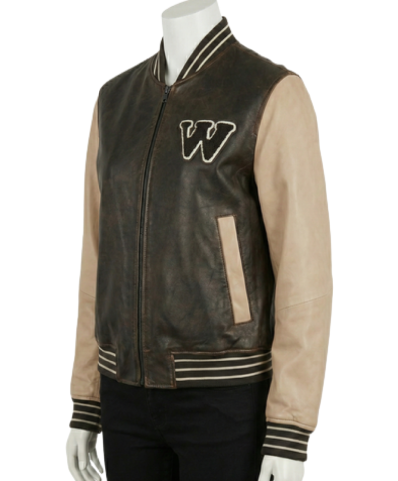 A luxury latte and black olive leather design featuring the varsity jackets for women style.