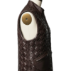 A handcrafted dark chocolate braided leather waistcoat men showing the mens leather vest jacket texture.