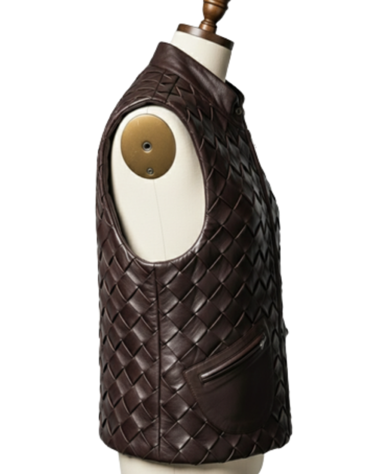 A handcrafted dark chocolate braided leather waistcoat men showing the mens leather vest jacket texture.