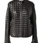 A high-end leather jacket women featuring a detailed leather black leather jacket woven texture.