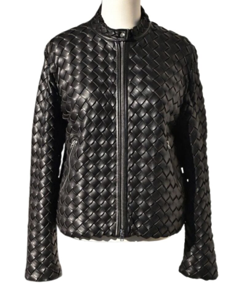 A high-end leather jacket women featuring a detailed leather black leather jacket woven texture.