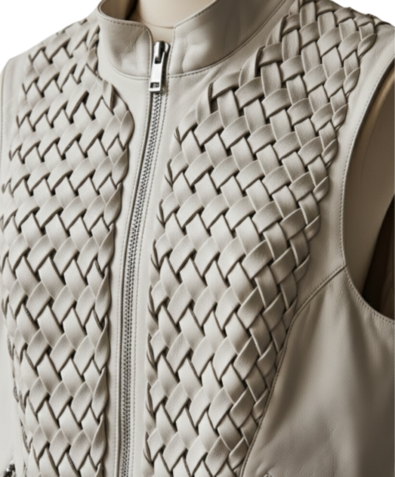 A handcrafted cloud grey woven leather vest women showing the leather vest for women texture.