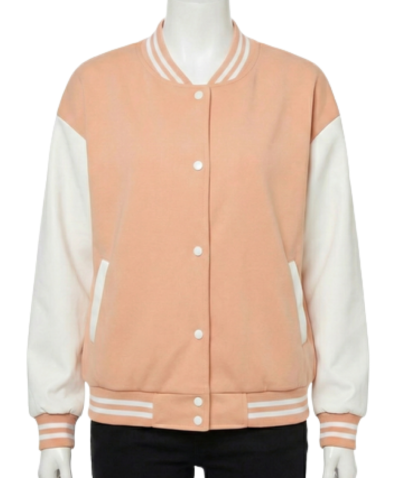 A luxury salmon pink and white design featuring the pink and white varsity jacket style.