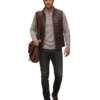A handcrafted dark chocolate braided leather waistcoat men showing the mens leather vest jacket texture.