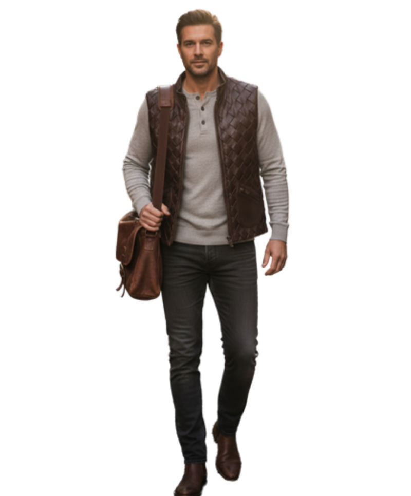 A handcrafted dark chocolate braided leather waistcoat men showing the mens leather vest jacket texture.
