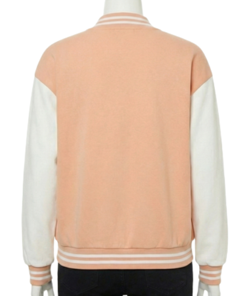 A luxury salmon pink and white design featuring the pink and white varsity jacket style.
