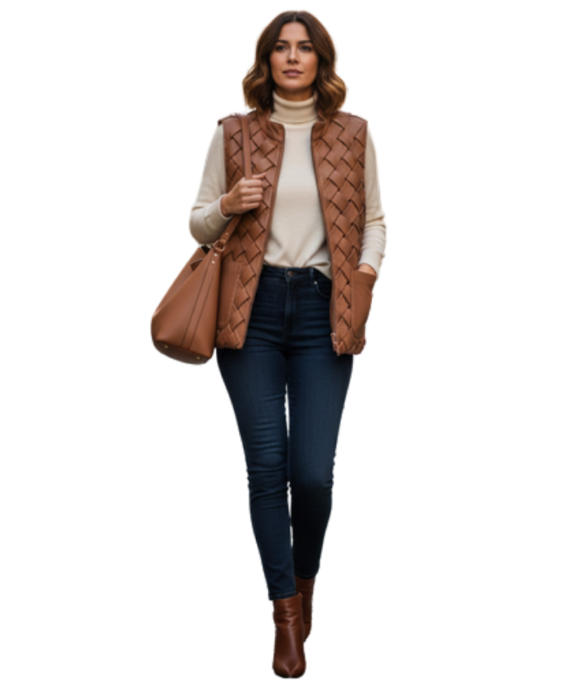 A handcrafted cognac interlaced leather gilet women showing the womens brown leather vest texture.