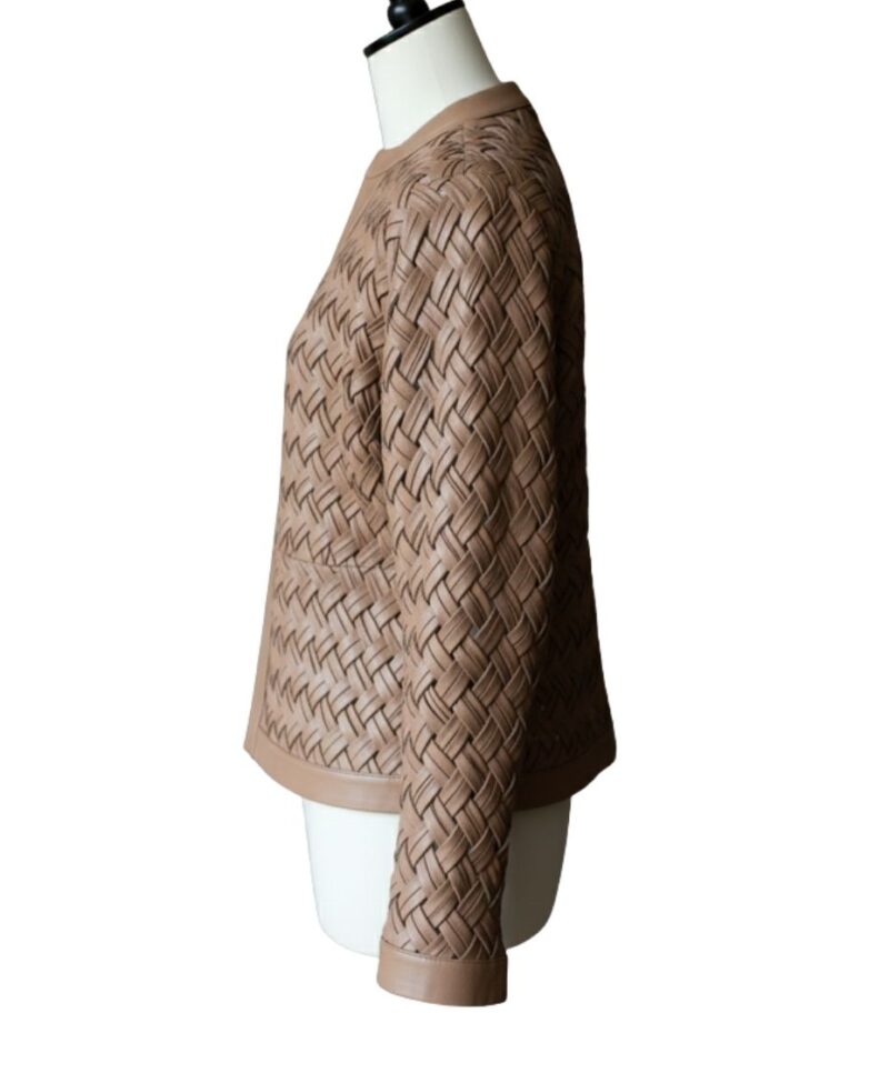 A high-end brown leather jacket women featuring a detailed leather jacket brown colour woven texture.