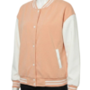 A luxury salmon pink and white design featuring the pink and white varsity jacket style.