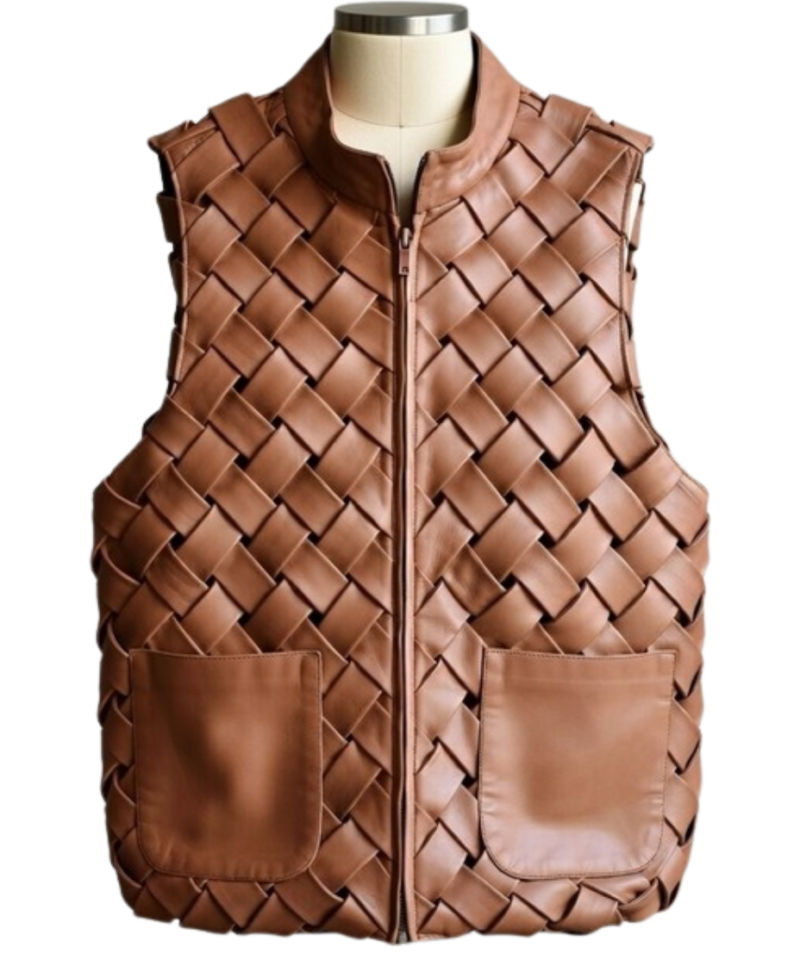A handcrafted cognac interlaced leather gilet women showing the womens brown leather vest texture.