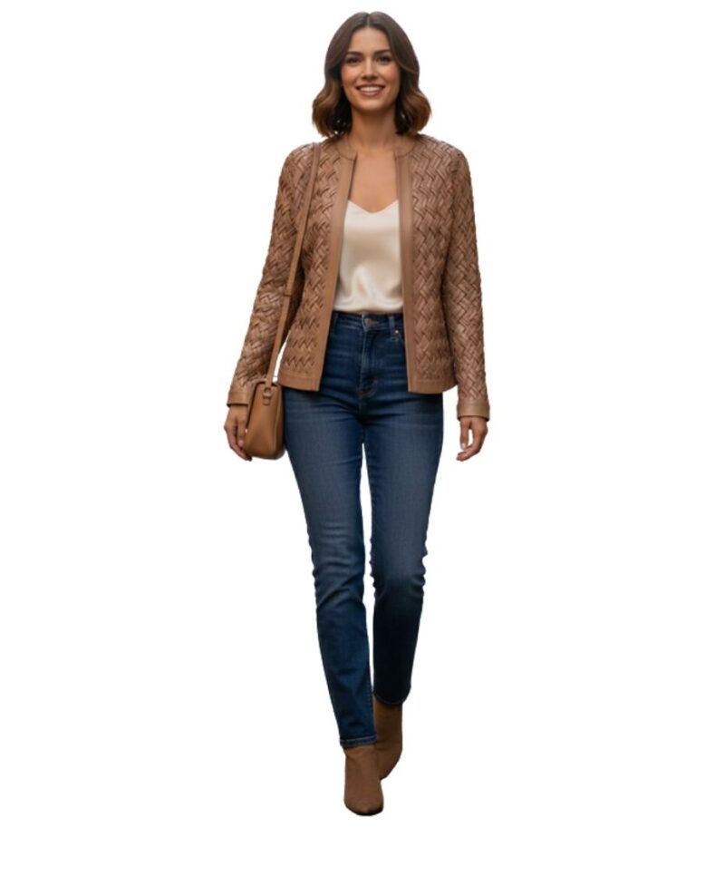 A high-end brown leather jacket women featuring a detailed leather jacket brown colour woven texture.