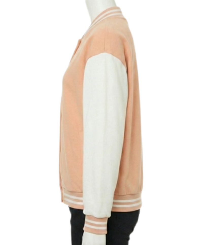 A luxury salmon pink and white design featuring the pink and white varsity jacket style.