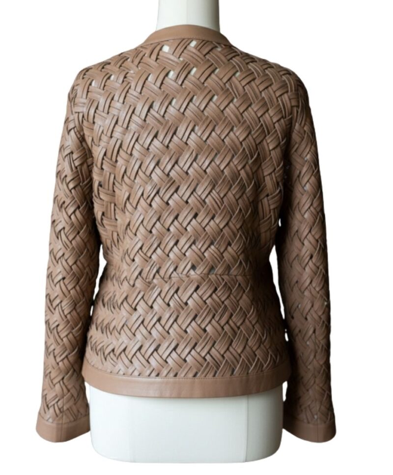 A high-end brown leather jacket women featuring a detailed leather jacket brown colour woven texture.