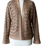 A high-end brown leather jacket women featuring a detailed leather jacket brown colour woven texture.